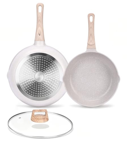 GFTIME Juego de sartenes de cerámica de 24/28 cm con tapa de cristal, antiadherente, juego de sartenes de inducción, sin PFAS y PFOA, aptas para lavavajillas, juego de sartenes para todo tipo de