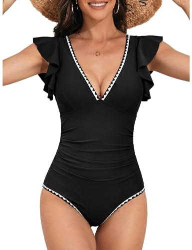 Nadeer Maillot de Bain Femme 1 Pièces Gainant Ventre Plat Col en V Volants Dos Nu Maillots Une Pièce Sexy Push up Bloc de Couleur Monokini Swimsuit Piscine de Plage(Noir,L)