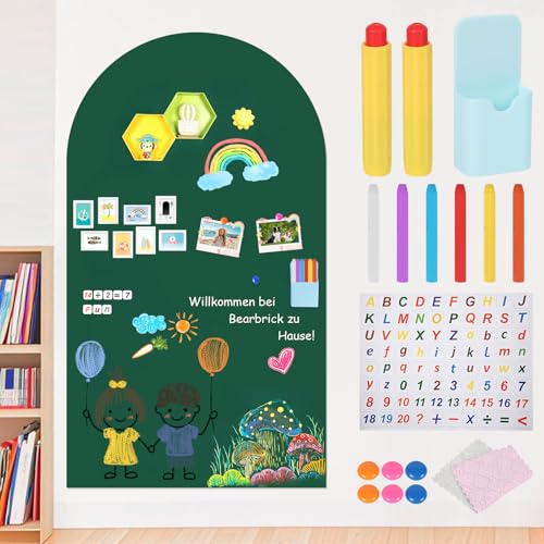 Magnettafel Kinder, Selbstklebend Magnetwand, Bogenform Magnetische Wandtafel für Kinderzimmer, Magnetfolie mit Kreiden, Reinigungstuch, Magneten für Mädchen und Jungen (118x60cm Grün)
