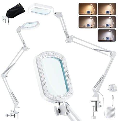 CHICLEW 10X Rectangle Magnifying Glass Lamp, 3 Arms Clamp for Hobby & Craft