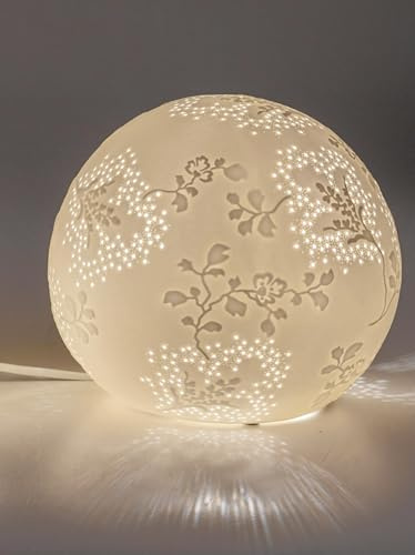 Lampe Kugel 16cm Zweige-weiss aus Porzellan mit Durchbruch Kugellampe