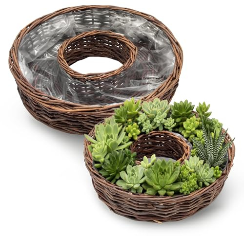 Spetebo Rattan Pflanzring Natur mit Folie 2er Set - 40cm + 30cm - Weide Blumenschale zum direkten Bepflanzen - Garten Deko Blumenkorb Blumentopf Pflanzenschale Kräuter Topf Pflanzen Naturfaser Schale