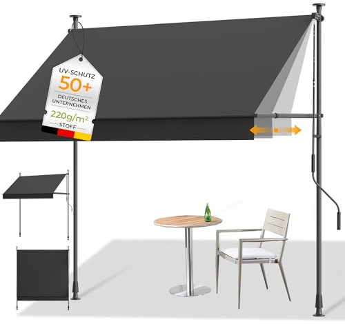 HOMEDEMO Tenda da Sole a Morsetto con manovella, tende per esterno senza foratura, Altezza e Bracci Regolabile, Impermeabile e Anti-UV, per Balcone e Terrazzo, 350cm x (120-150) cm Antracite