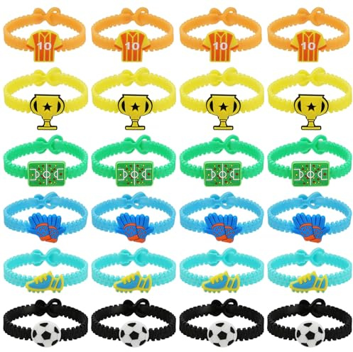 EAVUYIS 24 Pezzi Braccialetti Calcio per Bambini, Gadget Calcio Bambini in PVC con 6 Design Tematici (Maglia, Scarpe, Coppa), Regalini Fine Festa Compleanno e Accessori Sportivi per Tifosi