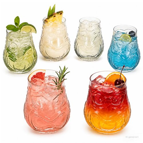 MamboCat Set di 6 bicchieri da cocktail Tiki, 47 cl, in vetro con facce Tiki, anteriori e posteriori, bicchieri da bar e feste, per cocktail, longdrink e serate estive