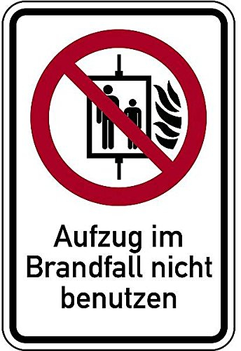 LEMAX® Aufkleber Verbotsschild, Kombischild, Aufzug im Brandfall nicht benutzen DIN EN ISO 7010 Folie selbstklebend 100x150mm