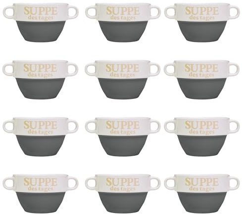 DRULINE 12x Set Suppentasse Grau aus Keramik Ø 13 cm mit Henkel – Hochwertige Suppenschale, Hitzebeständig und Leicht – Perfekt für Suppe, Eintöpfe & heiße Getränke – Stapelbar und Spülmaschinenfest