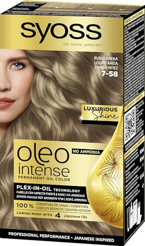 Syoss Oleo Intense - Tono 7-58 Rubio Arena – Coloración permanente Sin Amoníaco – Cobertura profesional de canas – Resultados de peluquería
