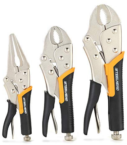 STEELHEAD 3-Piece Locking Pliers Set, 10-inch Curved Jaw, 7-Inch Curved Jaw & 6-1/2” Long Nose Straight Jaw, Integrated Wire Cutter, USA-Based Support