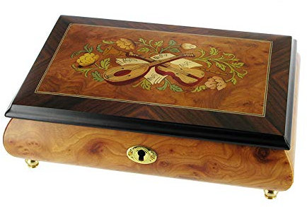 Wooden musical jewellery box/music box for jewels with musical instruments inlay and 18-note wind up musical mechanism - La vie en rose (Louiguy/Edith Piaf)