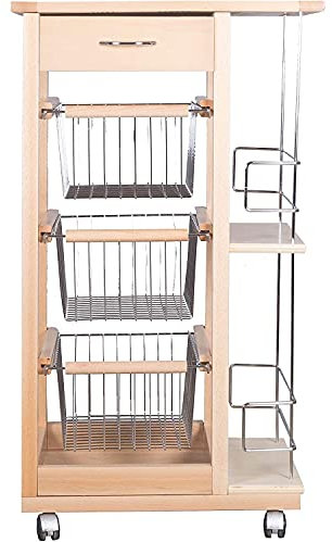 Marvin Carrello Cucina Salvaspazio in Legno di Faggio con Cassetto E Cesti Contenitori Portabottiglie Vino 4 Ruote Girevoli Portapane Portafrutta Portavivande Ripiano Lavoro con Piastrelle (Naturale)