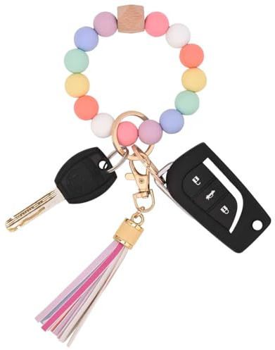 BAOSIWA Silicone Beaded Bracelet Keychain Wristlet Key Ring Bangle Chains for Women with Leather Tassel, Rainbow, One Size