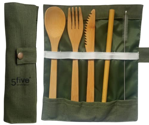 CUBIERTOS DE BAMBÚ Reutilizables | Cubiertos madera ecológicos |Utensilios madera | Set para picnic | Set cubiertos para camping | Cucharada, tenedor, cuchillo, pajita y cepillo de limpieza