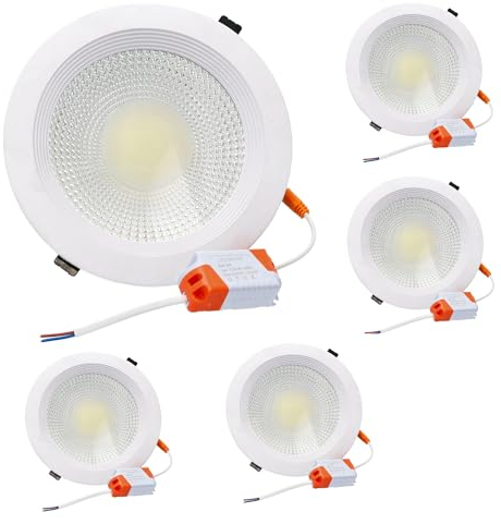Jandei – Downlight LED COB 20W Encastrable, Foco Marco Redondo Blanco 185x45 mm (Orificio para Empotrar 160mm), 1800 Lumen, IP44 Ideal Baño y Cocina (Luz Fría 6000K, 5 Unidades)
