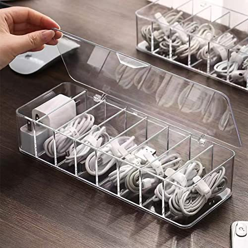 ATB2U Organiseur de câbles avec 8 à 10 serre-câbles, boîte de rangement avec 8 compartiments, boîte de rangement pour plan de travail, organiseur en plastique transparent, accessoires de bureau