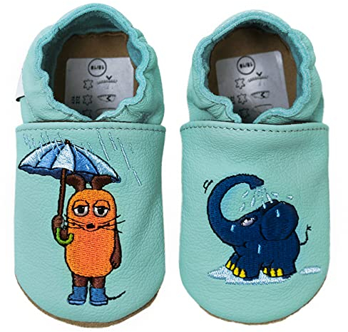 HOBEA-Germany Kitaschuhe Safestep, Kinderhausschuhe, Lederschuhe (Maus mit Elefant Regen mint, 28/29)