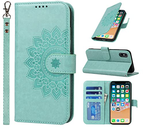 ELTEKER Handyhülle iPhone X, Handyhülle iPhone XS Klapphülle, [3 Kartenfächer] [Magnet Verschluss] Leder Eleganter Prägung Klapphülle Schutzhülle Ledertasche Hülle für iPhone X/XS, Grün