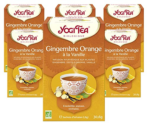 Yogi Tea - Ingwer Orange mit Vanille, Ayurvedischer Bio Gewürz- und Kräutertee, von Natur aus koffeinfrei, Ingwer, Orangenschalen und Vanille, Yogi Tee 6er Pack, 6x17 Beutel (102 Teebeutel insgesamt)