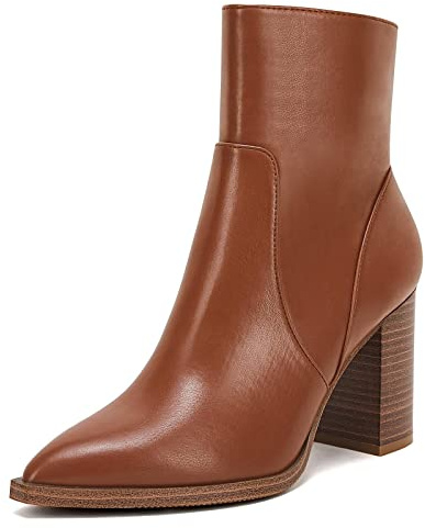LAICIGO Women's Pointed Toe Ankle Boots Chunky Stacked Heel Side Zipper Faux Leather Ankle Booties, Brown, Size 7.5