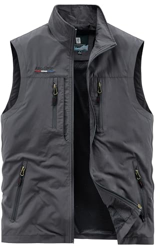 Oralidera Herren Outdoor Weste mit Vielen Taschen Anglerweste Safariweste Jagdweste Multifunktionsweste Freizeit Ärmellose Jacke Leicht Sommer Weste, Grau, XXL