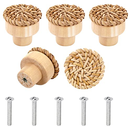 Prasacco 5 Pack Boho Rattan Drawer Knobs - Round Wood Handmade Woven Wicker Handles for Cabinets, Dressers, Furniture - Hardware Pulls Home Decor