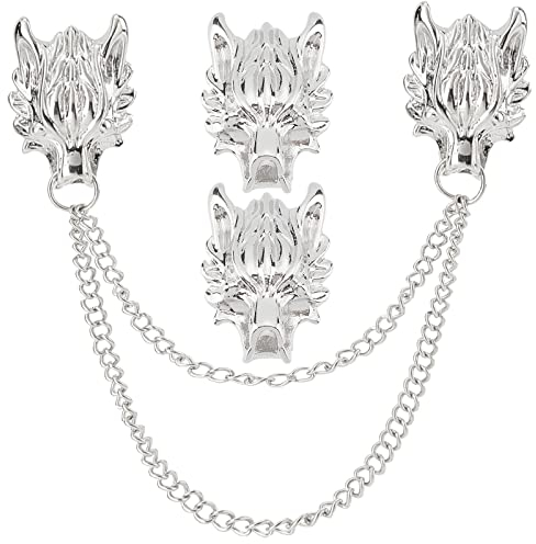 ORGECRAFT 2 Pcs Broche Longue Chaîne Tête De Loup Épingles de Col Broche Chaîne Gland Épinglette pour Hommes Vêtements Décoration Accessoires Mari Anniversaire Cadeaux (Argent)