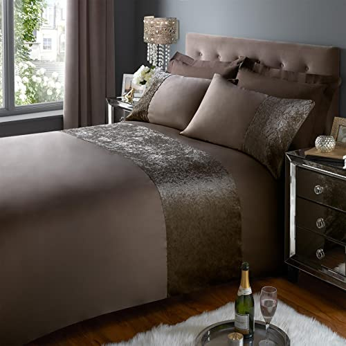 Soft Micro Polyester Bed Set with Crushed Velvet Band Durable Duvet Cover Set Shape-Retaining [Single, Brown]