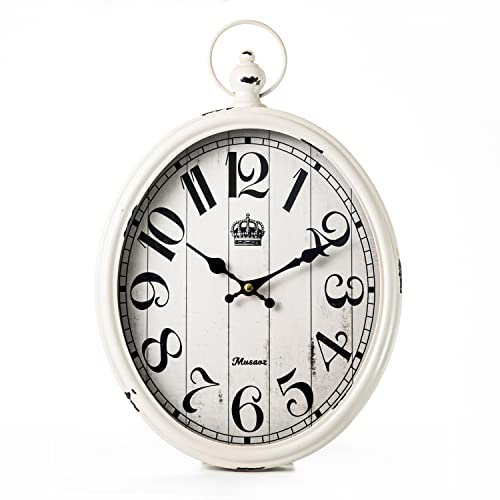 Musaoz Ovale Wanduhr aus Metall, europäisches Retro-Dekor, altmodisches antikes Design, rustikaler Vintage-Stil, batteriebetrieben, geräuschlos, für Wohnzimmer, Küche, Bauernhaus, 40,6 cm, Weiß