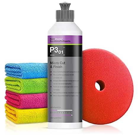 Autopolitur Set: Koch Chemie Micro Cut & Finish P3.01 Glanzpolitur (250ml) - Micro-Schleifpolitur mit Carnaubawachs - Entfernt feine Kratzer und versiegelt den Lack - Auto polieren, Politur | 6-teilig