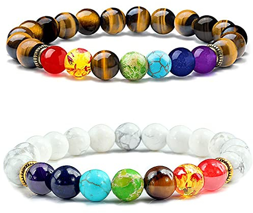 Senidea 2 Stück Chakra Armbänder 7 Chakren Armband Tigerauge Armbänder Natürliche Energiesteine Yoga Meditation Armband 8mm