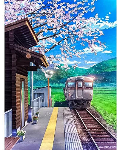 5D DIY Diamond Art Painting Kits Vollbohrer, Sakura-Station Diamond Strass Kreuzstich Stickerei Kristall Leinwand Diamant Malerei Painting Bilder nach Zahlen für Kinder Erwachsene Wohnwand Dekor