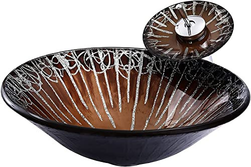 Badezimmer-Waschbecken, Waschbecken Aus Gehärtetem Glas, Rundes Waschbecken, Aufsatzwaschbecken Mit Wasserhahn Und Abfluss-Kombination, 45 Cm L X 45 Cm B X 13 Cm H