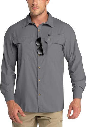 Outdoor Ventures Men's Long Sleeve Shirts UV Protection Outdoor Shirts Breathable Button-Down Shirt Wicking Quick Drying Safari Shirt with Pockets for Hiking Fishing Golfing, Grey, M