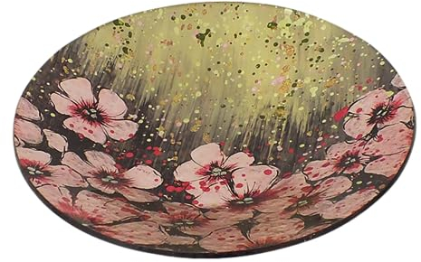 Pink Poppies - Round Decorative Glass Lacquerware Plate - Pink, Green, Grey - 25 cm
