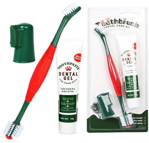 Ccomage 3pcs Pet Dental Care Kit Double-Ended Toothbrush Toothpaste Dogs Cat 360° Tooth Brushing Kit Finger Brushes Poultry Flavor Enzymatic Gum Toothpaste Reduce Plaque, Whiten Teeth, Freshen Breath