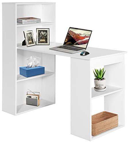 GIANTEX Schreibtisch mit Bücherregal, Computertisch PC-Tisch Bürotisch mit Seitenregal rechts oder Links, Officetisch Arbeitstisch 6 Regalen, PC Gaming Tisch Laptoptisch Holz für Home Office (Weiß)