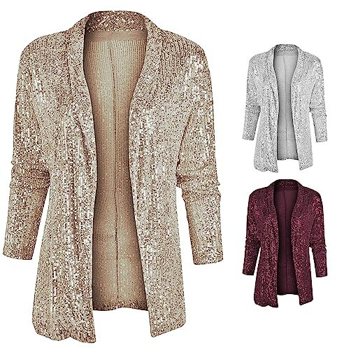 YUHYtop Damen Pailletten Cardigan Jacke Langarm Glitzer Bomberjacke Party Club Jacke Elegant Tailliert Anzugjacke Kurz Oberteile Blazer Outfits Clubwear