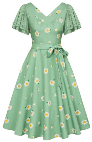 Belle Poque Robe de soirée trapèze Longueur Genou pour Femme, Manches Courtes, col en V, Tenue décontractée, Rose, Vert, S