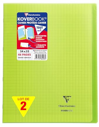 Clairefontaine 984403AMZC Un lot de 2 Cahiers Agrafés Koverbook 24x32 cm - 48 Pages Grands Carreaux 90 g - Couverture Polypro - Couleur : Vert