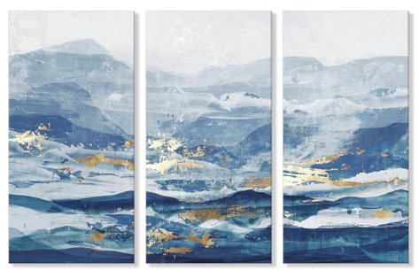 7Fisionart Abstrakte Leinwandbilder, Landschaftsbilder, Gemälde für Schlafzimmer, Büro, Wohnzimmer, Dekoration, großes Kunstwerk, 40,6 x 81,3 x 3 Stück, Blau und Gold, 3 Stück