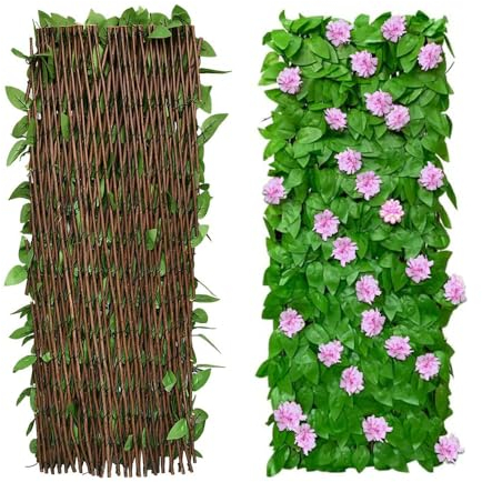 Clôture de feuilles artificielles, clôture extensible pour balcon, terrasse, extérieur, panneau de clôture décorative en faux lierre, haies artificielles, 30 x 200 cm - étendue (1 pièce, fleurs roses)