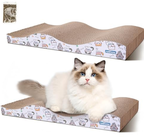 Nobleza 2 Pack Cardoard Cat Scratchers for Indoor Cats,44.5x21x7.2cm | Reversible Use Curved Shape Cat Scratching Board with Catnip High Density Corrugated Cardboard Kitten Kitty Scratcher Bed Pad