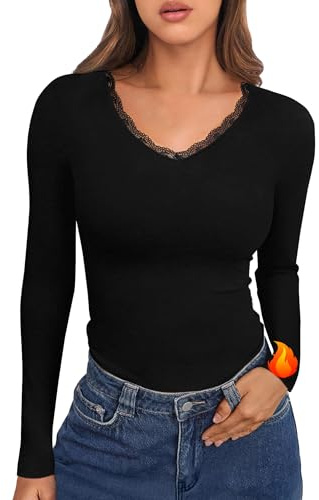 Crewhpo Thermoshirt Damen Langarm mit Spitze Oberteile V-Ausschnitt Langarmshirts Thermohemd für Frauen Thermounterwäsche Funktionsshirt Schwarz