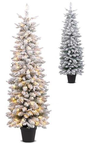 GYMAX 4FT/5FT/6FT Pre-lit Slim Christmas Tree, Artificial Snow Flocked Xmas Tree with 80/120/140 Warm White LED Lights & 8 Lighting Modes, Potted Pencil Decoration Tree for Home Party (5FT)