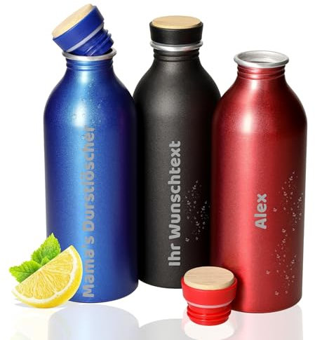 Personalisierte Trinkflasche Kohlensäure geeignet 650 ml - auslaufsichere Flasche - BPA-frei & geschmacksneutral - Trinkflasche für Kinder & Erwachsene - perfekte Geschenkidee, Farbe:rot/natur