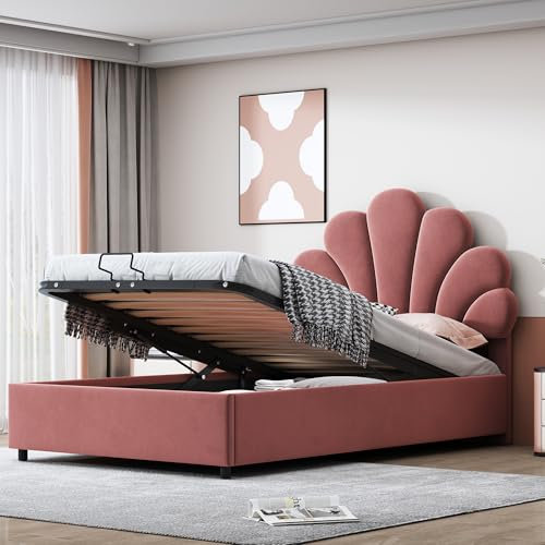 Azkoeesy Einzelbett mit Stauraum, 90 x 200 cm, Polsterbett mit Bettkasten, geblümtem Kopfteil und Lattenrost, für Kinder und Erwachsene, Samt-Bezug, für Kinder und Erwachsene, Rot