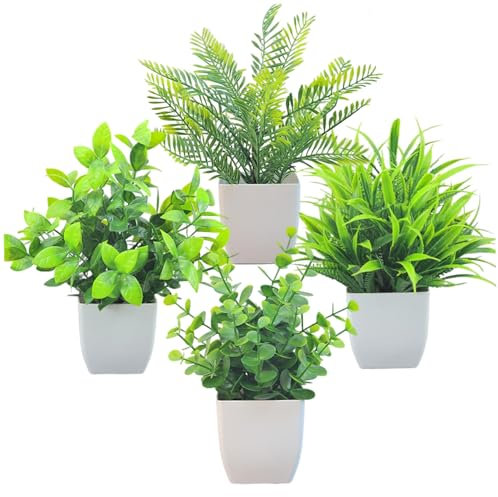 4pcs Plantes en Pot artificielles, 4 Styles Petites Plantes de Fausses Plantes, Mini Plantes artificielles en Plastique, Petites Plantes décoratives pour Les étagères du Bureau de Bureau à la ma