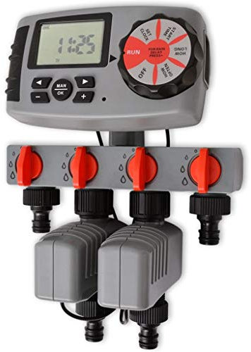 Homgoday Temporizador automático de riego con 4 estaciones de control de aspersor de 3 V, controles de aspersor