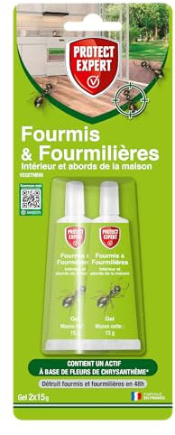 PROTECT EXPERT 2 Gêls Anti-Fourmis & Fourmilières - Tubes Appâts - 2x15g - Prêt-à-l'emploi - Utilisation Sécurisée - Intérieur & Abords De La Maison - A Base De Fleurs De Chrysanthème FTUBNAT2N