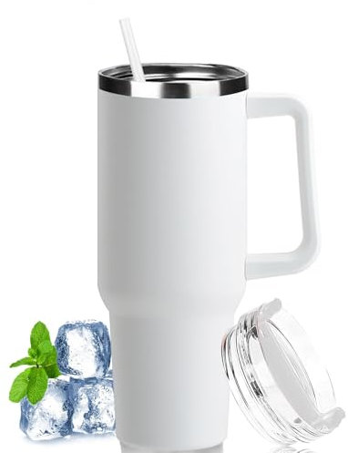 LOITTAINUE 40oz Thermobecher mit Strohhalm und Henkel, 1180ml Kaffeebecher To Go mit Deckel, Doppelwandiger Edelstahl Vakuum Isolierbecher Tragbare Autobecher für Kalte Heiße Getränke (Weiß)